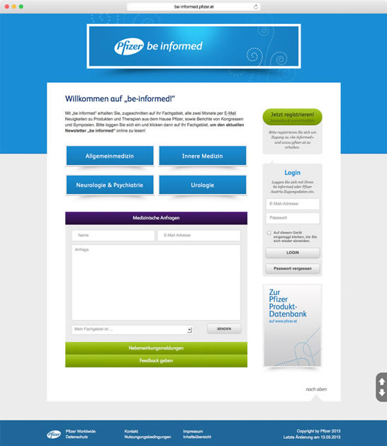 Pfizer be-informed Typo3 Desktop Home